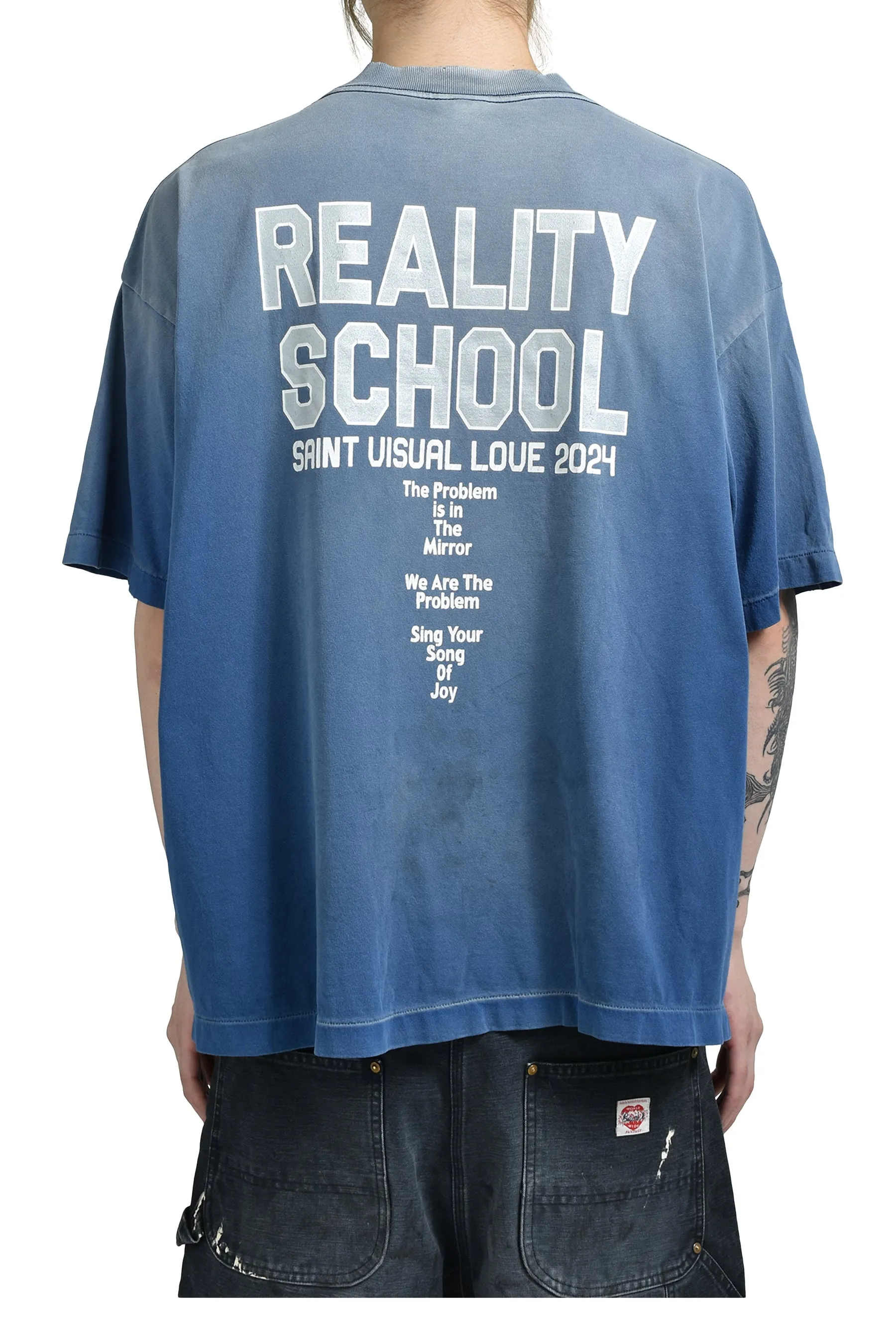 SAINT Mxxxxxx REALITY SCHOOL SS_TEE/NVY slogan distressed short-sleeves, washed blue S-XL, garment dyeing, horse fade, ultra-complex shearing and destruction treatment, correct version, cylindrical fabric, customized original consistent main mark/wash mark, original consistent silver powder printing, distressed treatment